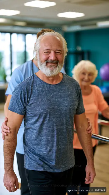 Senior man smiling in rehabilitation center during physical therapy
