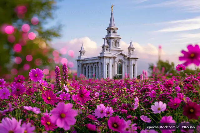 Church surrounded by pink flowers during daytime