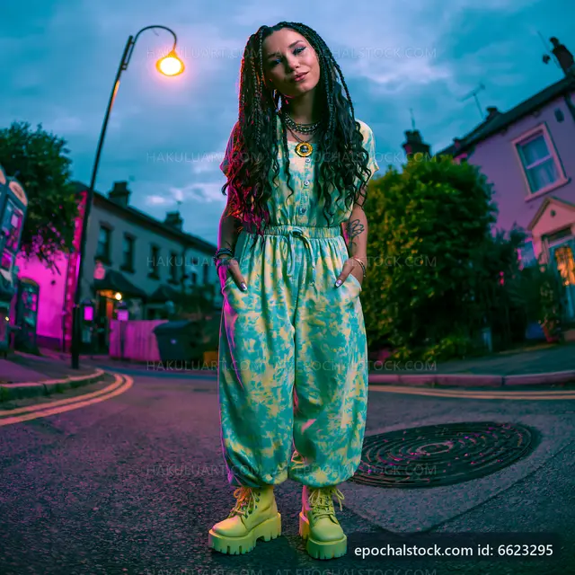Young woman in colorful outfit stands on urban street at dusk