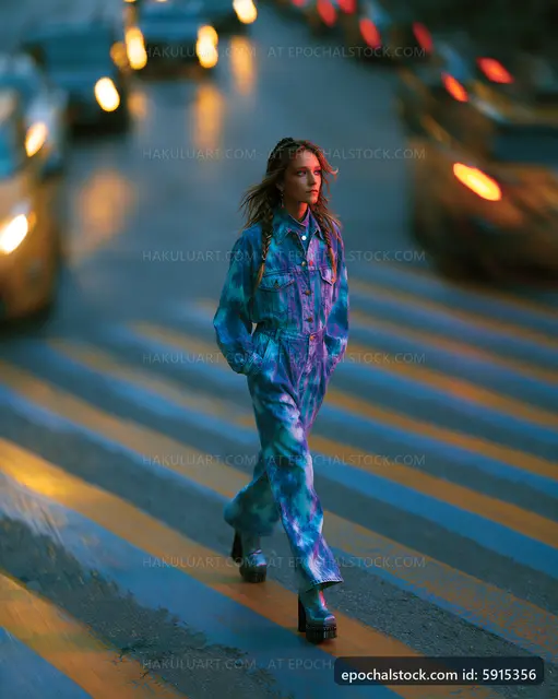 Woman walking on a crosswalk in a city at dusk