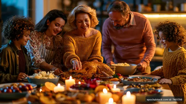 Family gathering around a festive meal during evening hours