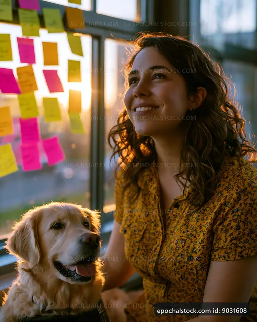 Woman and dog by window with colorful sticky notes at sunset