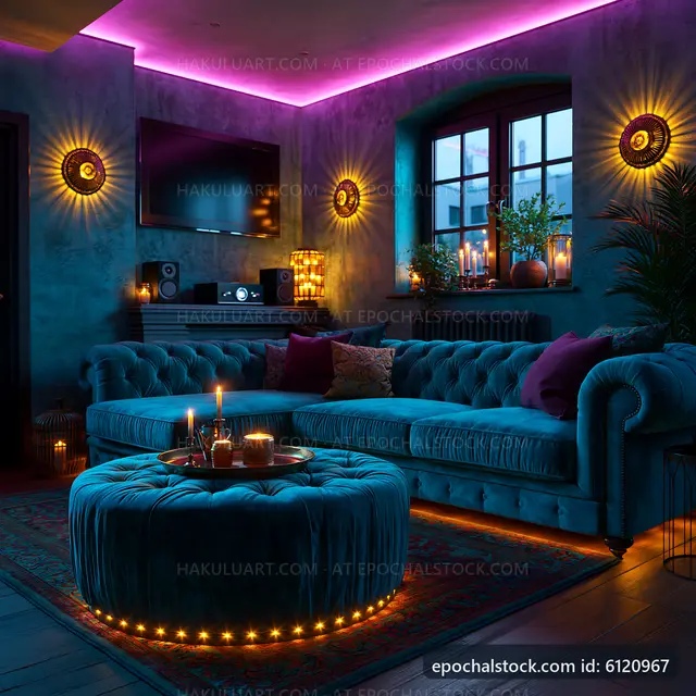 Cozy living room with blue sofa and warm lighting at night