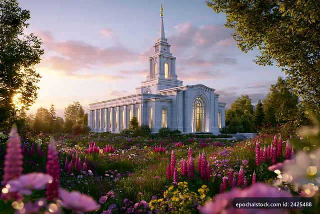 White temple surrounded by flowers during sunset