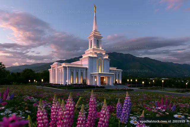 Sunset view of a temple surrounded by colorful flowers