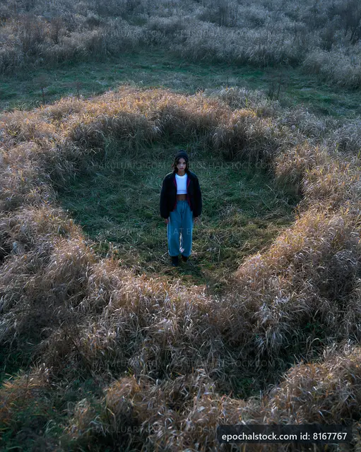 Person standing in a circular clearing surrounded by tall grass