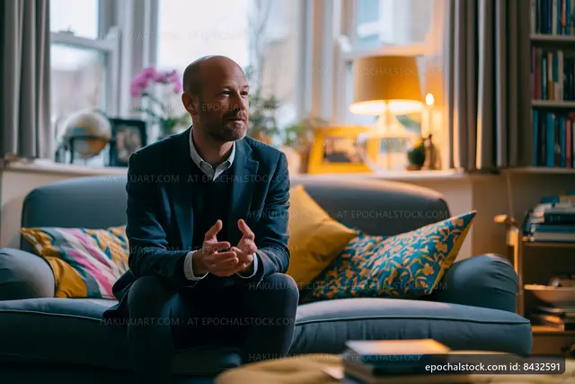 Man sitting in living room with warm lighting and colorful decor
