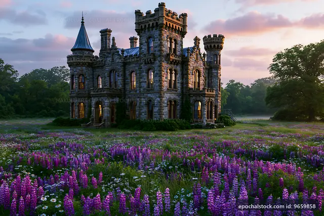 Historic castle surrounded by blooming flowers at sunset