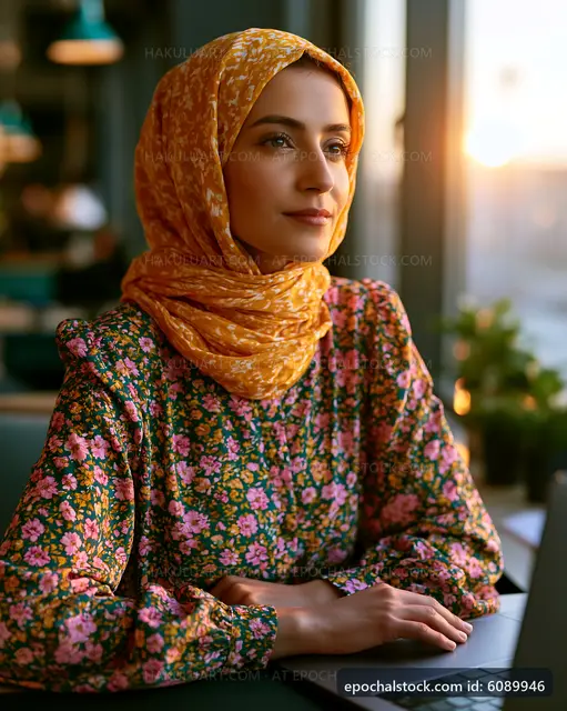 Woman sitting at a table with laptop and natural light around