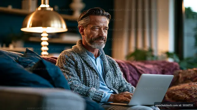 Man working on laptop at home in cozy living room