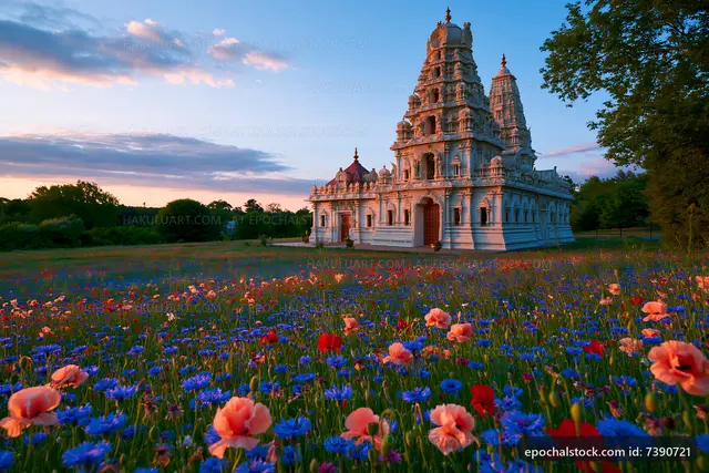 Temple surrounded by colorful flowers at sunset