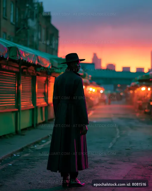 Man in long coat stands in urban market at sunset