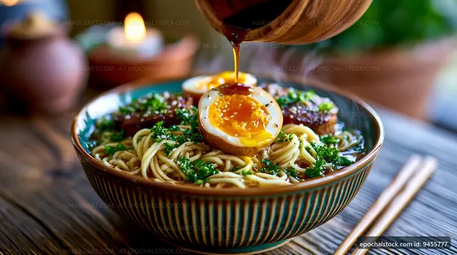 Delicious bowl of ramen with soft boiled egg and herbs