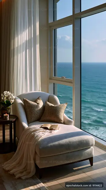 Cozy chair by window overlooking the ocean with decorative elements