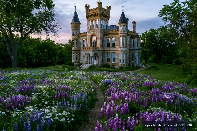 Historic castle surrounded by colorful wildflowers at sunset
