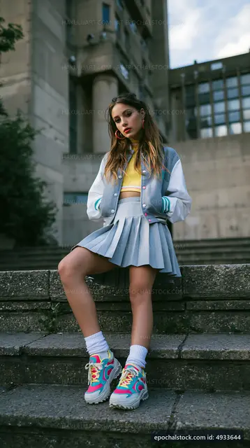 Young woman sitting on steps in urban area wearing casual outfit