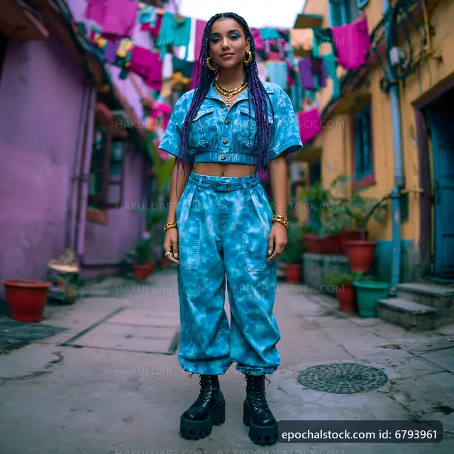 Woman in blue outfit standing in vibrant alleyway