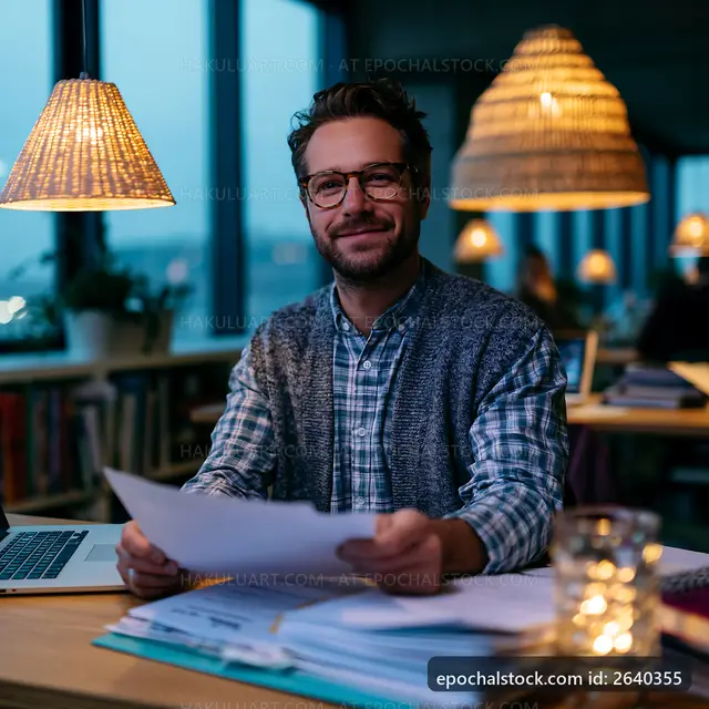 Man working with papers in a cozy office at dusk