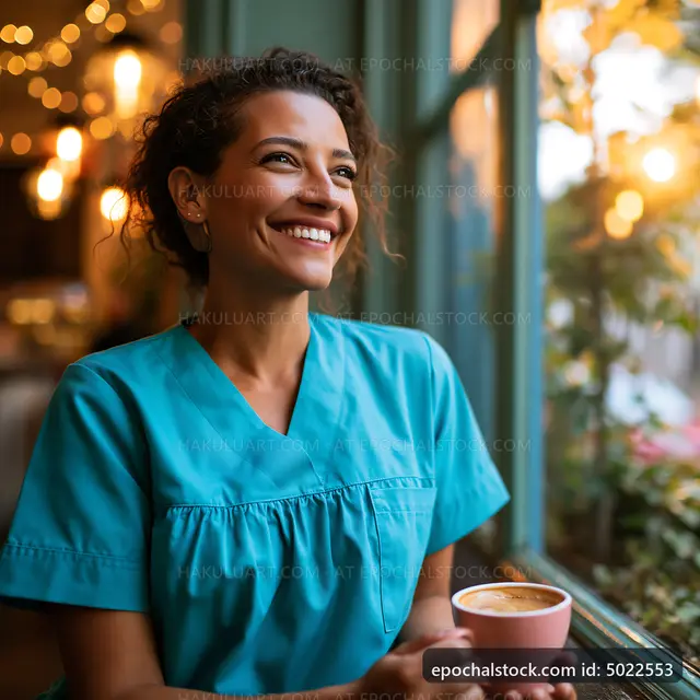 Smiling woman in blue scrubs holding coffee in cafe