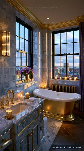 Luxury bathroom design with golden accents and candlelight