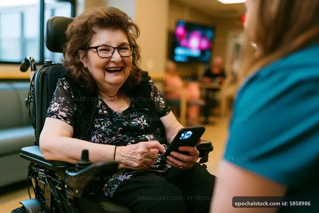 Senior woman smiling and using smartphone in assisted living center