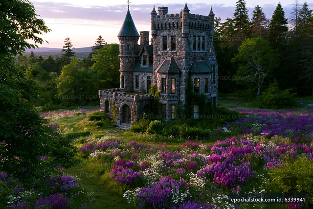 Castle surrounded by purple flowers at sunset