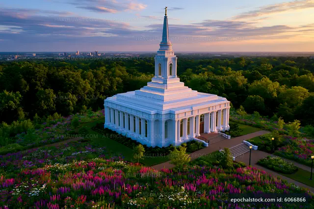 Beautiful temple surrounded by colorful flowers at sunset