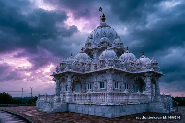 White temple under cloudy sky at sunset