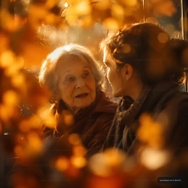 Conversation between an elderly woman and a young woman in autumn