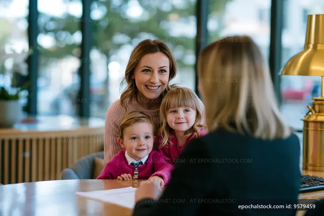 Mother with children meeting in modern cafe