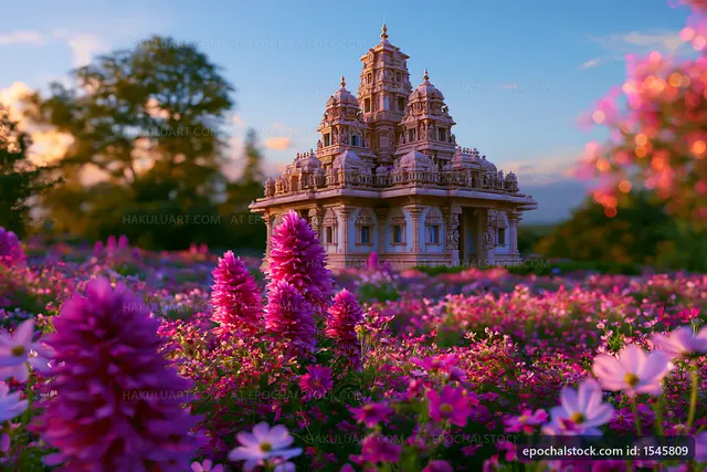 Temple surrounded by flowers during sunset