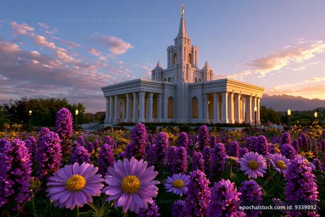 Building with flowers in foreground during sunset