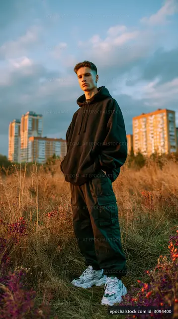 Casual man standing in a field near buildings at sunset
