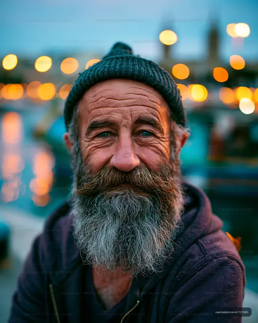 Older man with a beard and hat smiles by the water at dusk