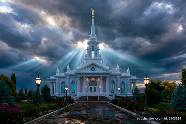 Church building with cloudy sky and sunlight shining through