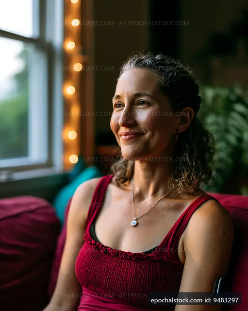 Woman sitting by a window with lights in the background