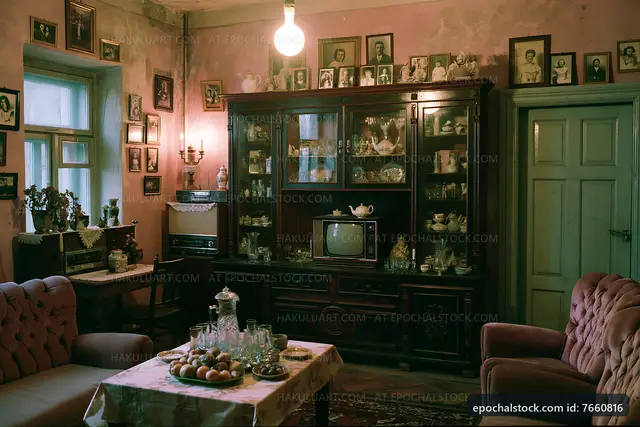 Living room with vintage furniture and decor in an old house