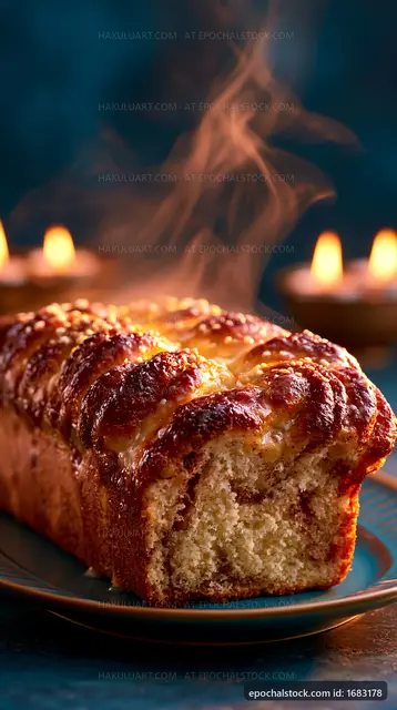 Fresh baked loaf with steam on a plate near glowing candles