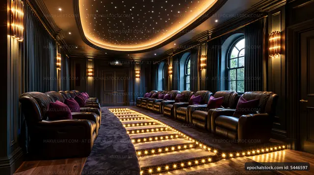 Luxurious home theater with seating and starry ceiling