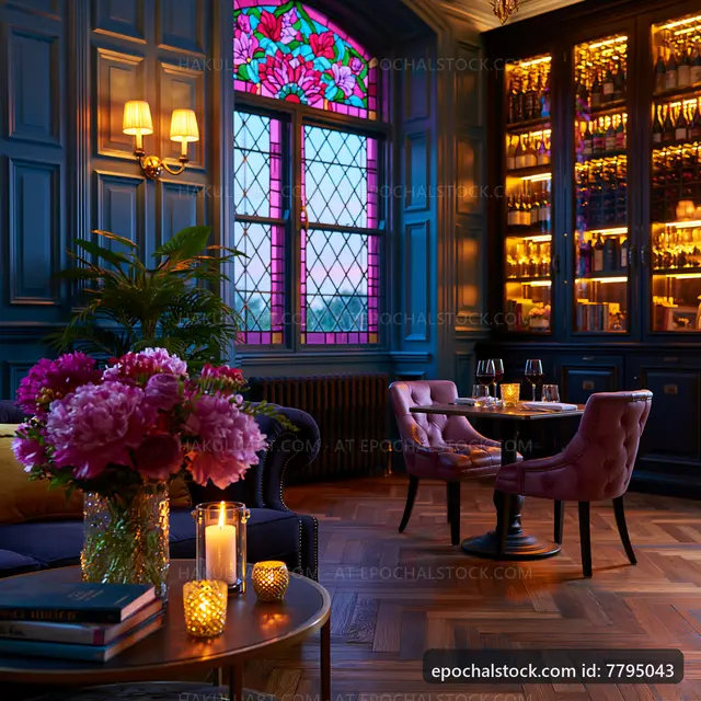 Elegant interior of a bar with window and floral arrangement