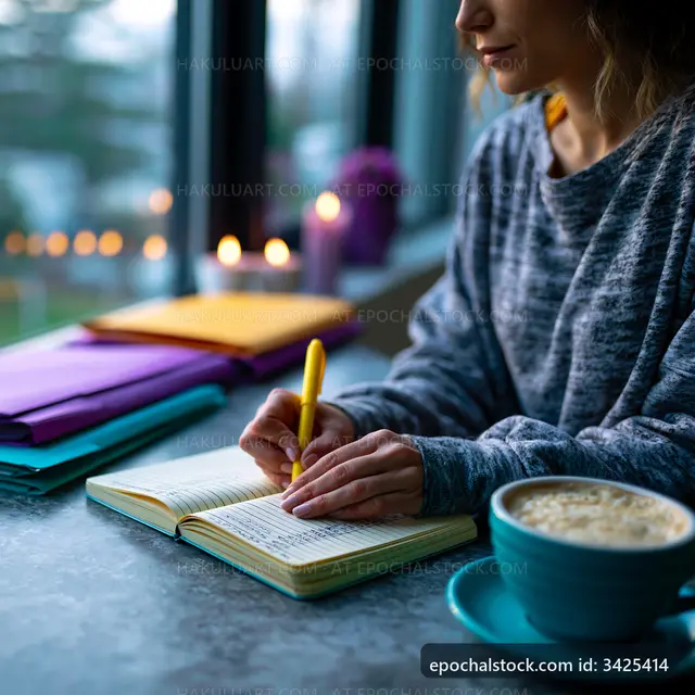 Writing in a notebook with coffee and colorful paper nearby