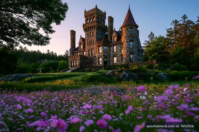 Historic castle surrounded by wildflowers at sunset