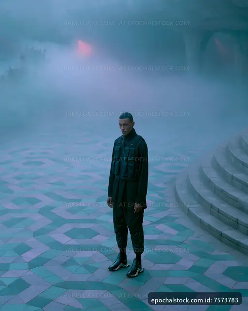 Man standing on patterned floor in foggy environment at dusk