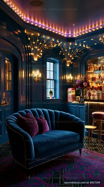 Stylish bar interior with deep blue hues and elegant lighting