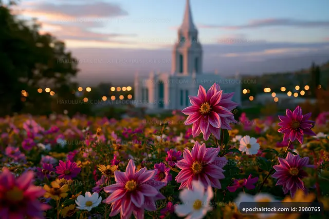 Flowers bloom in a garden with a church in the background