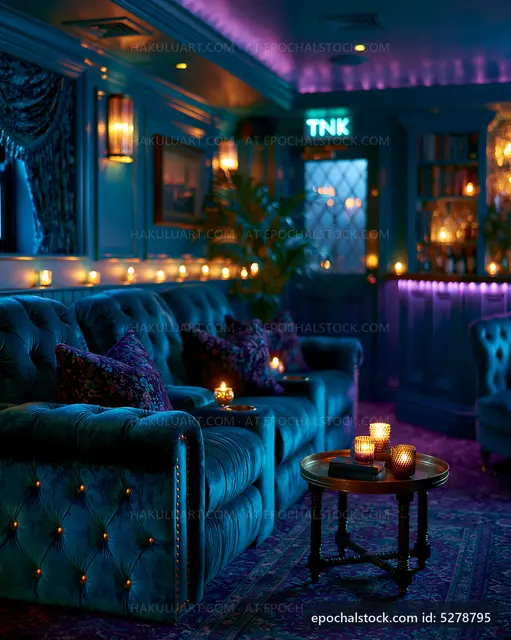 Cozy lounge area with candles and blue lighting in the evening