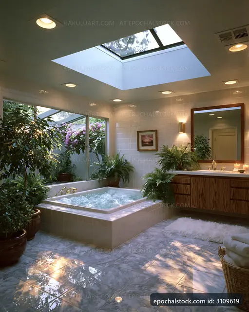 Modern bathroom with a whirlpool tub and natural lighting