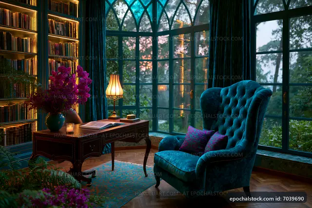 Cozy reading corner with turquoise chair and large window