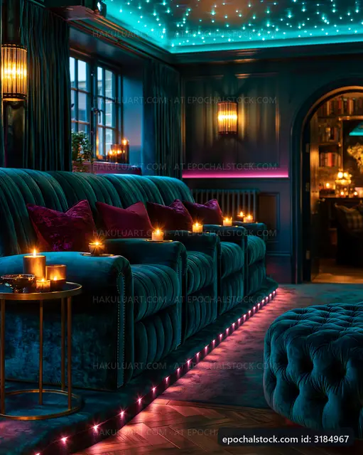 Cozy interior with velvet sofas and soft lighting