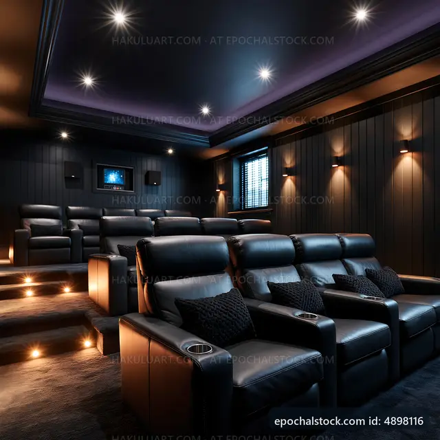 Home theater with black leather seats and dim lighting